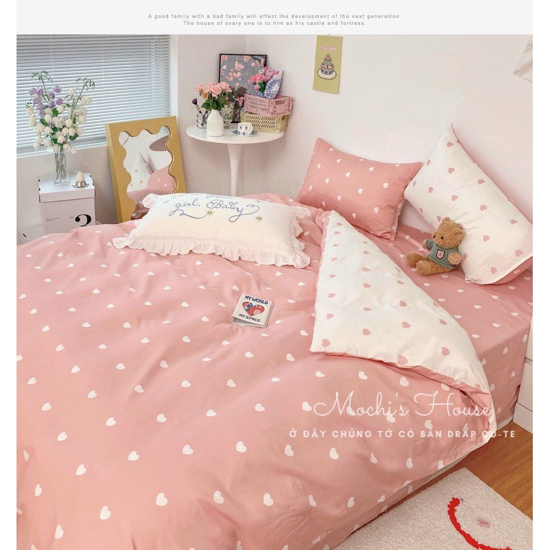 BỘ CHĂN GA GỐI POLY COTON HỌA TIẾT TRÁI TIM HỒNG SIÊU XINH