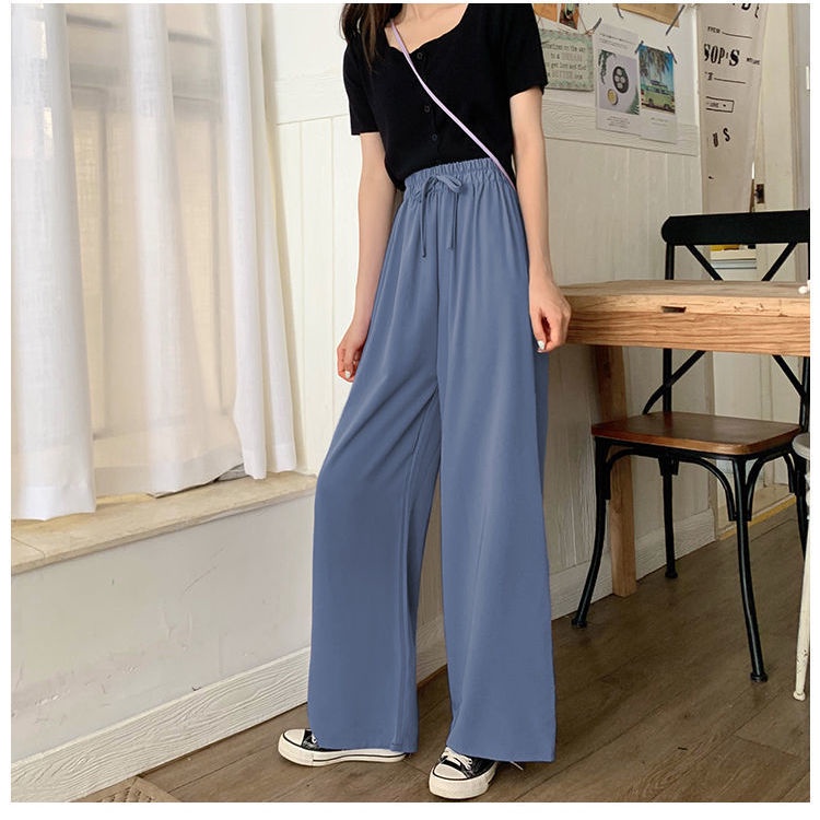 Quần Dài Ống Rộng Lưng Cao Màu Đen Thời Trang Mùa Hè Phong Cách Hàn Quốc Cho Nữ