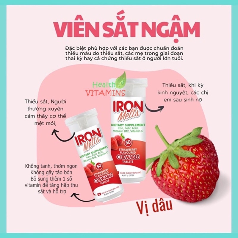 Sắt ngậm Iron melts vị dâu 50 viên