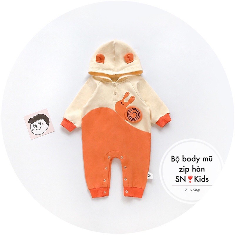 Body cotton xuất Hàn có mũ cho bé trai/gái siêu cute