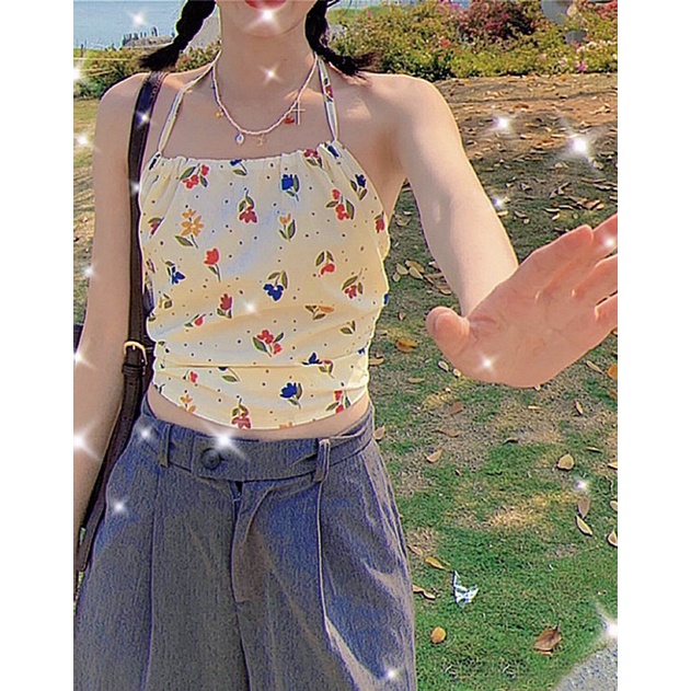 Áo Croptop cổ yếm cột dây hở lưng hai lớp sexy phong cách Hàn Quốc