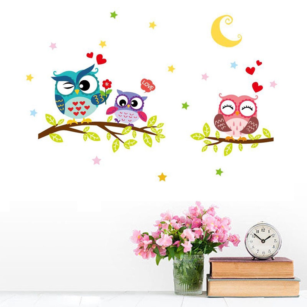 Sticker Dán Tường Họa Tiết Hình Con Cú Và Bông Hoa Dùng Trong Trang Trí Phòng Khách, Phòng Ngủ
