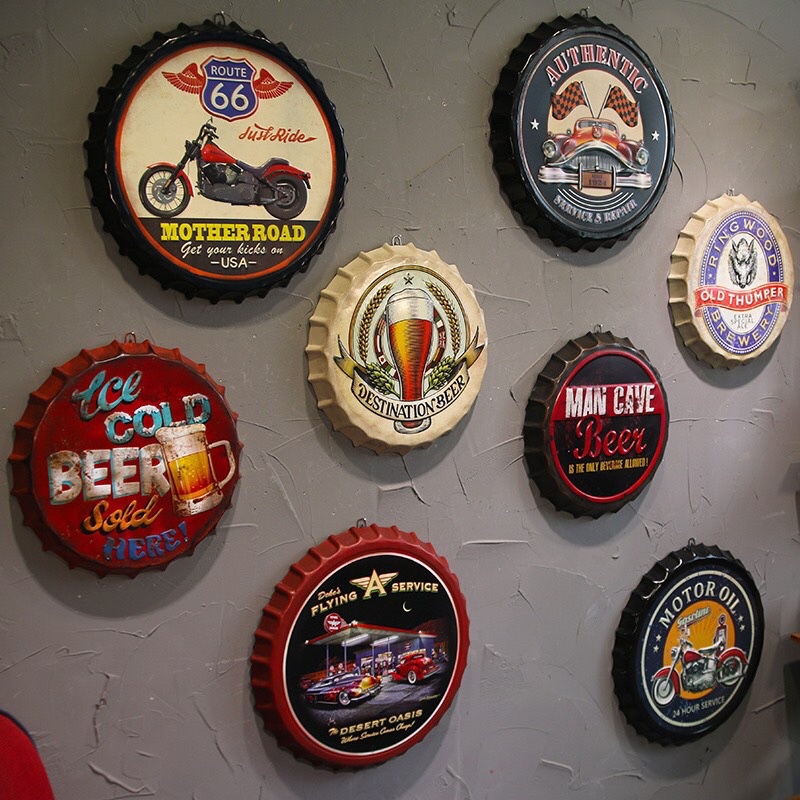 Nắp Bia Trang Trí Vintage Barber Shop, Hair Salon, Nhà Hàng Kích thước Đường Kính 35cm