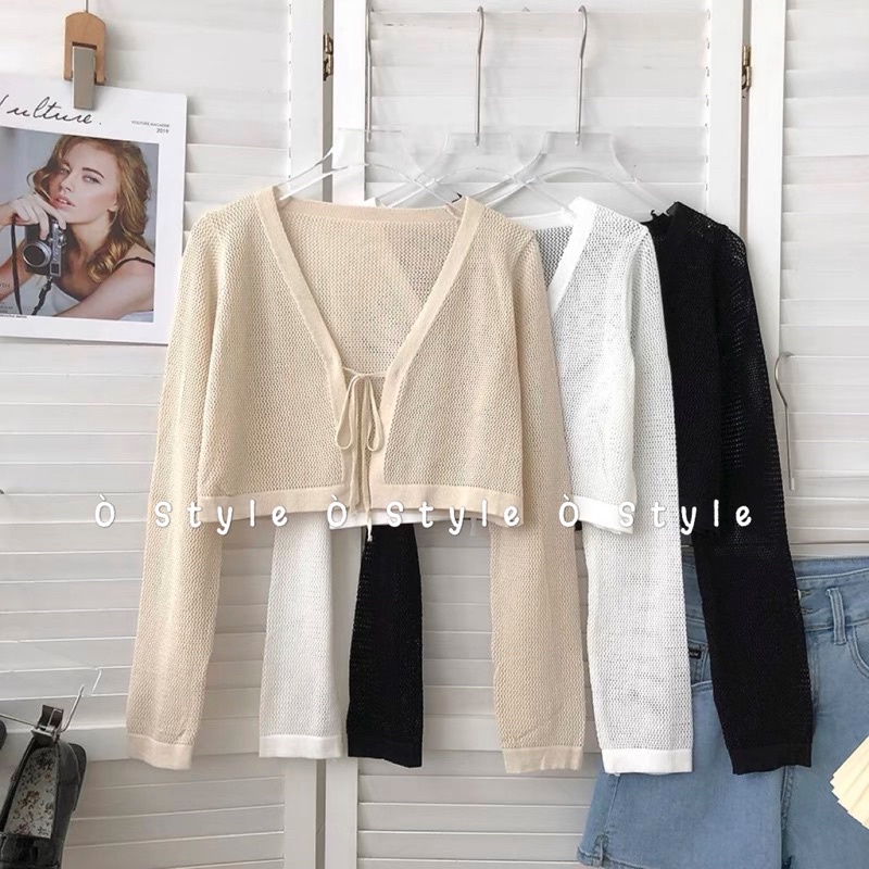 Áo khoác len, cardigan dáng croptop mắt lưới dày