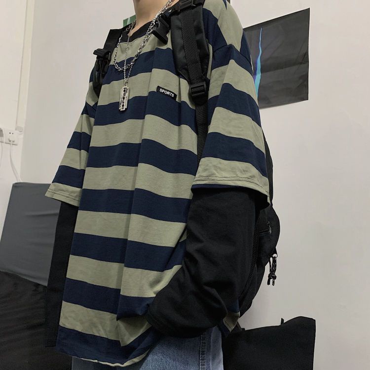 Áo Thun Dài Tay Giả Hai Lớp Họa Tiết Sọc Ngang Thời Trang Dành Cho Nữ