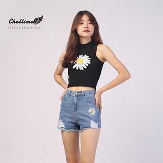 Áo croptop nữ Chollima in hình hoa màu đen AT007 - áo thun croptop ulzzang
