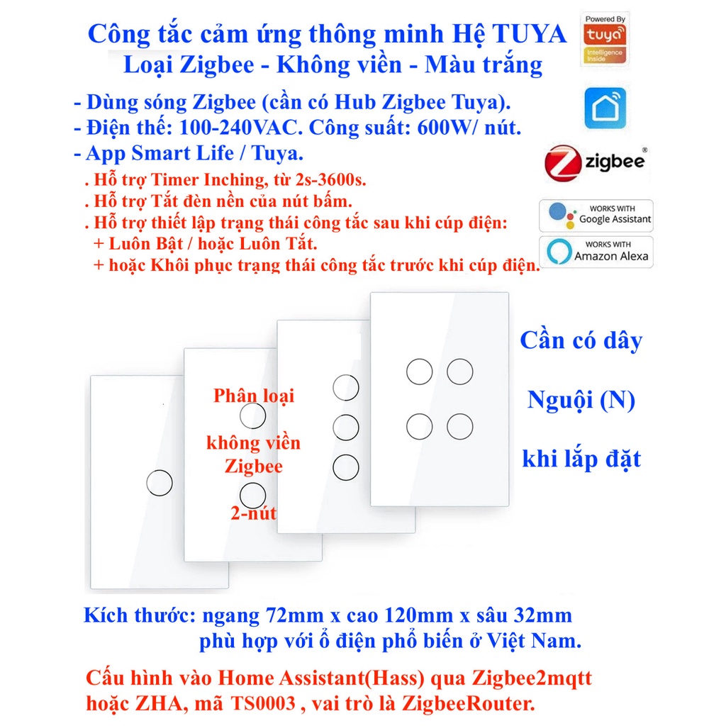 Công tắc thông minh, Zigbee, App Smart Life / Tuya Smart / Home Assistant (Hass) -