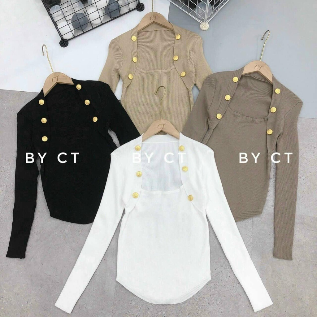 Áo len tăm dài tay đính cúc vai sang chảnh, Chất len co giãn, dáng ôm body, áo len cổ vuông | BigBuy360 - bigbuy360.vn
