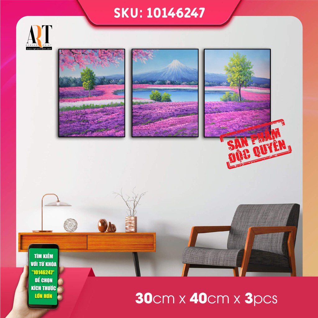 Tranh treo tường cánh đồng hoa dưới núi phú sĩ in trên canvas có khung, trang trí phòng khách, phòng ngủ (#10146247)