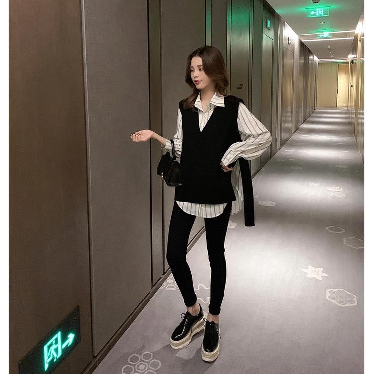 Set áo sơ mi + áo gile len không tay màu đen thời trang cổ điển cho nữ (có bán lẻ)