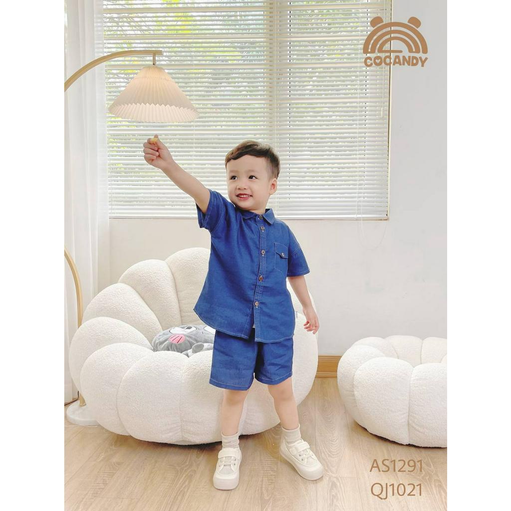 Set đồ cho bé- Áo sơ mi xanh, áo thun trắng và Quần cộc jean cho bé của COCANDY mã AS129154, QJ102154