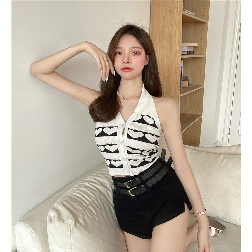 Áo Hai Dây Dệt Kim Ôm Dáng Phối Hàng Nút Phong Cách Hàn Quốc