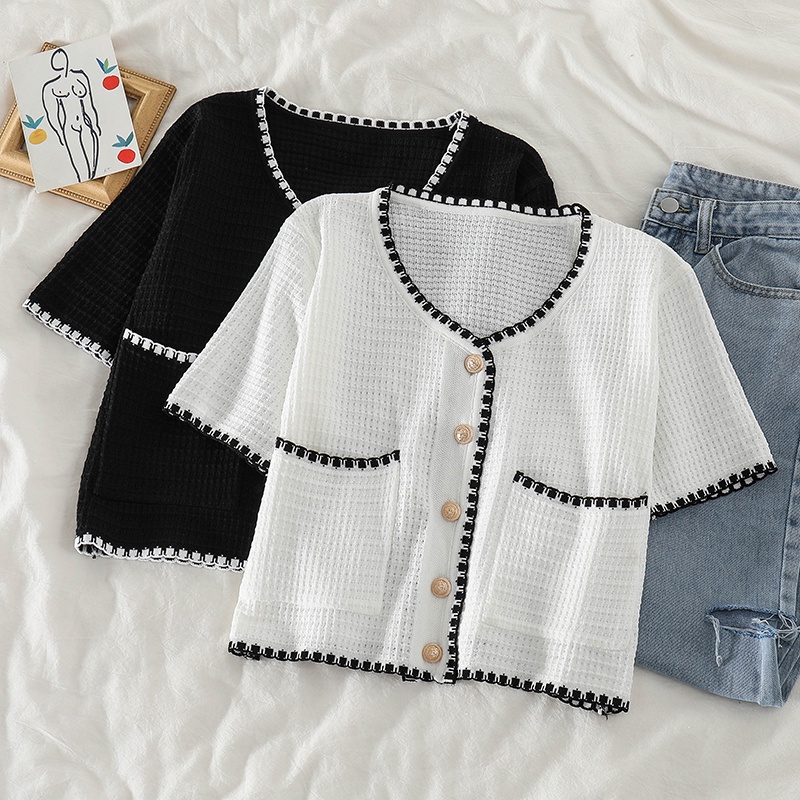 Áo Dệt Kim Mỏng Tay Ngắn Phong Cách Hàn Quốc Dành Cho Nữ