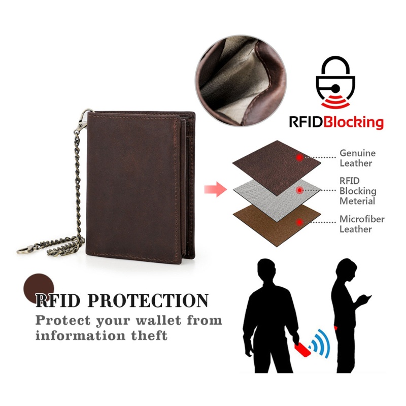 Youyo Ví Ngắn Gập Ba Bằng Da Bò Có Dây Xích RFID Chống Trộm Vintage Cho Nam Cred