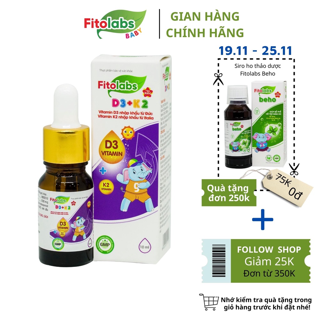 Vitamin d3 k2 mk7 Fitolabs D3 - K2 drop (dạng nhỏ giọt), bổ sung vitamin d3 k2 giúp bé tăng chiều cao