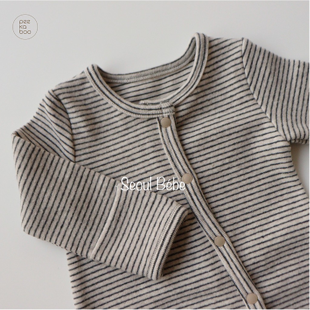 Set jumpsuit liền bàn kèm mũ bông bộ kẻ Tata Peekaboo thu đông cho bé 3-11kg