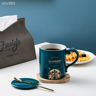 ♨☁Cốc Uống Cà Phê Starbucks Bằng Sứ Có Nắp Đậy Và Muỗng Phong Cách Tương Phản Dùng Trong Văn Phòng