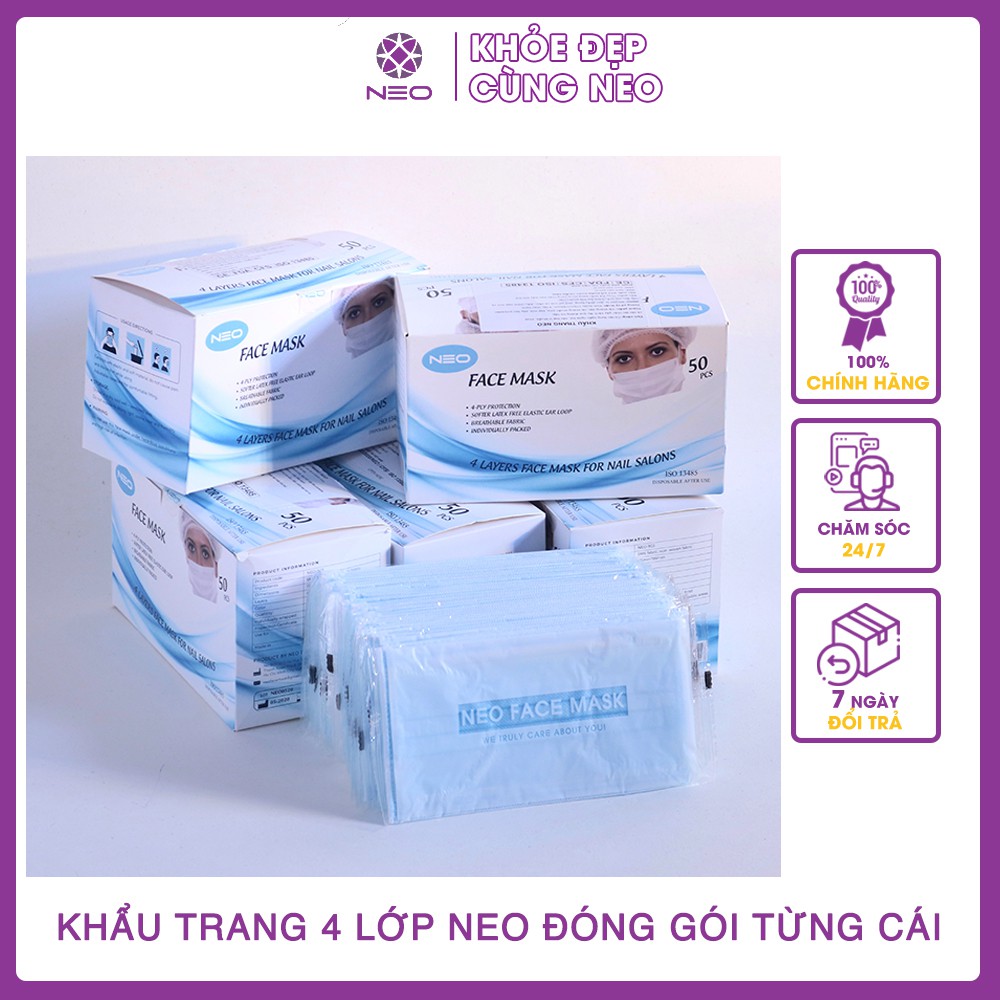 Khẩu Trang Y Tế Kháng Khuẩn NEO Hộp 50 Cái Đóng Gói Từng Cái Xuất Khẩu Mỹ và Châu Âu Vệ Sinh An Toàn Cho Mọi Nhà