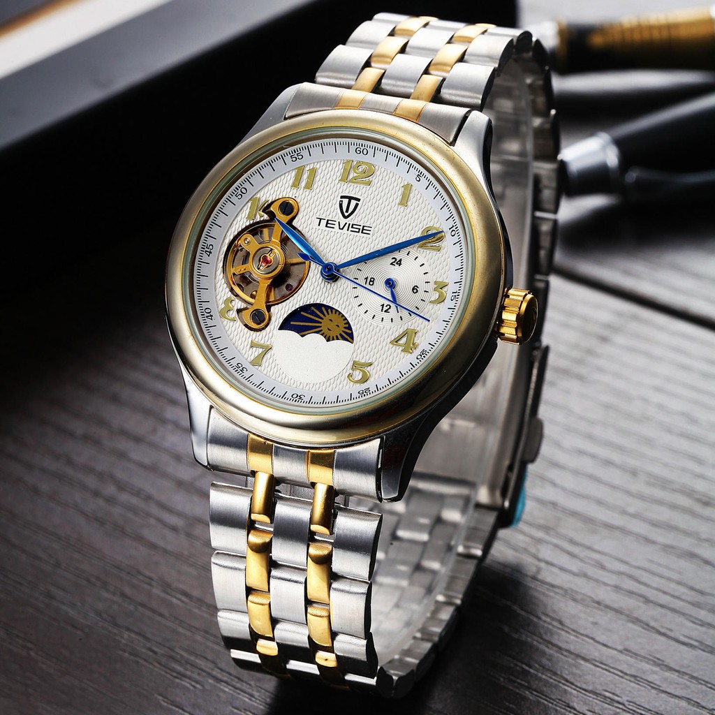 [LƯƠNG VỀ– Tặng Qùa] Đồng hồ chạy cơ Automatic nam dây Thép thương hiệu TEVISE 795 Japan Golden chống nước