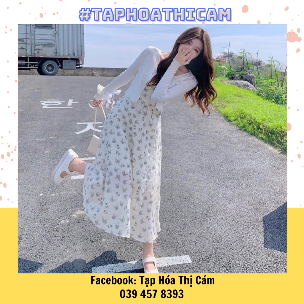 Set váy hoa 2s họa tiết bướm xinh kèm áo khoác cardigan dây buộc ren