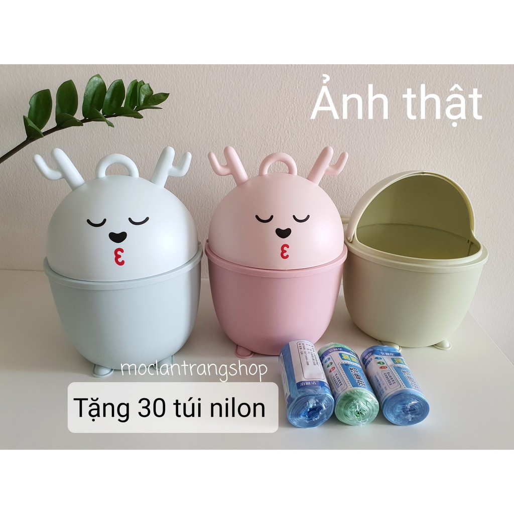 Thùng rác mini hình hươu cute để bàn trang điểm nắp lật tặng 30 túi đựng rác. Thùng rác nhỏ để bàn phòng ngủ nhà vệ sinh