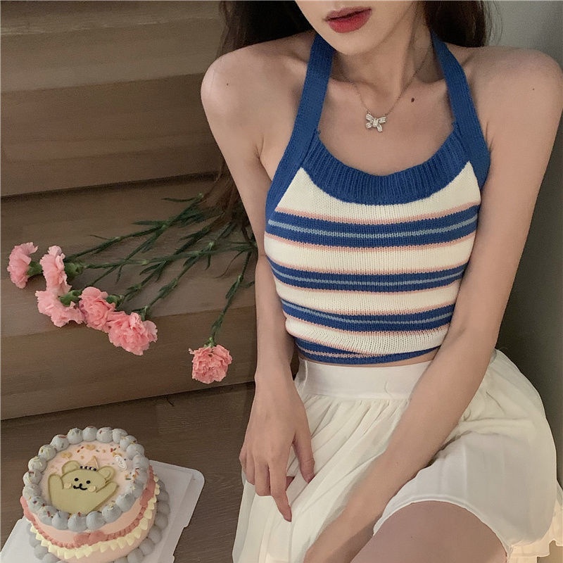 Cô Gái'S Mùa Hè Phong Cách Hàn Quốc Áo hai dây Đan Sọc Nhiều Màu