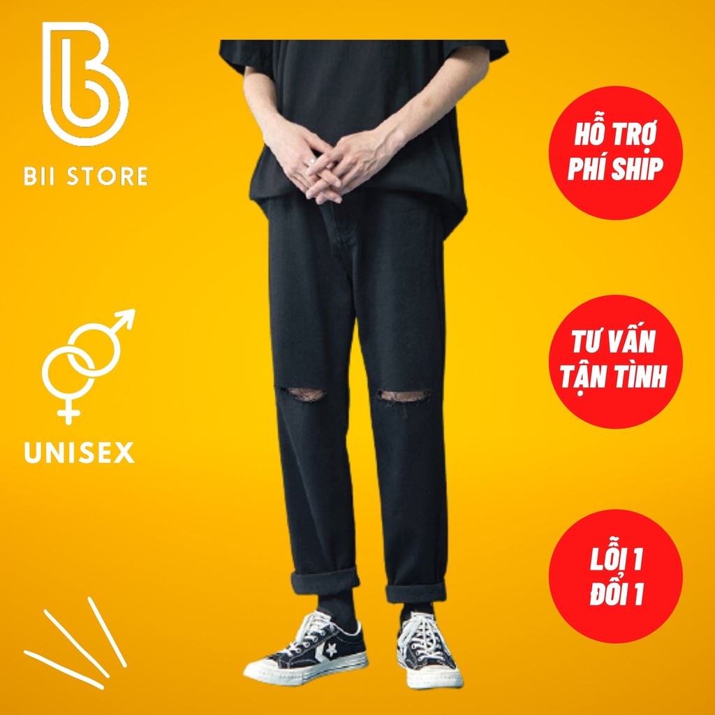 Quần jean đen rách gối , ông rộng ,  form baggy nam nữ , basic , không phai màu phong cách Hàn Quốc | BigBuy360 - bigbuy360.vn