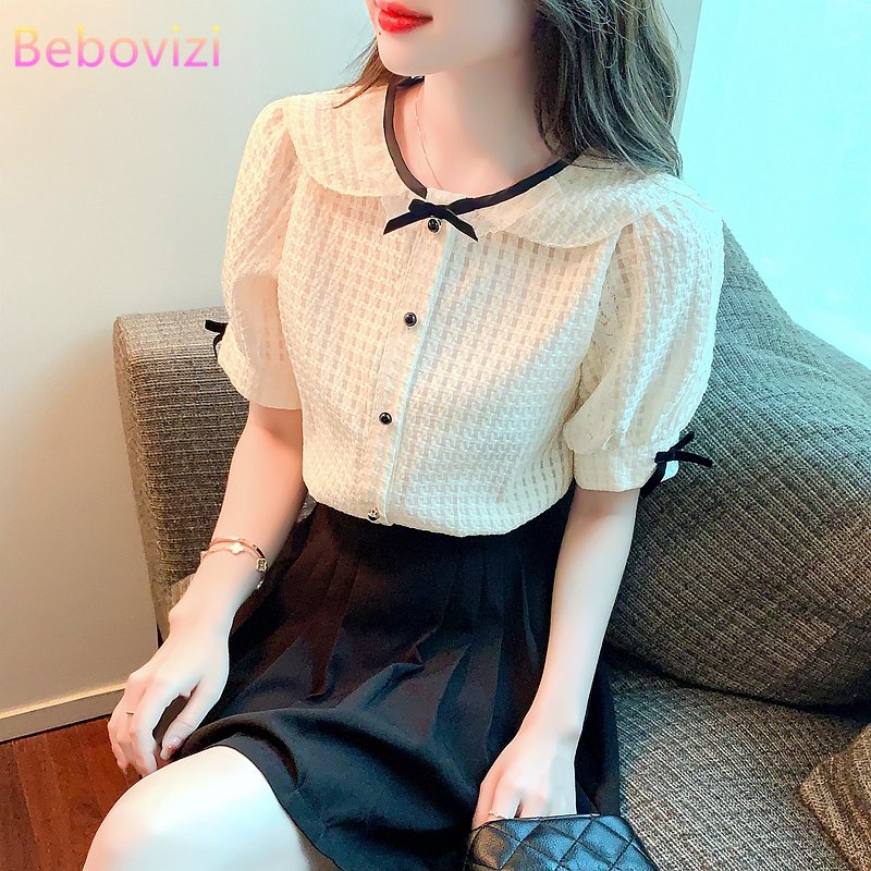 Áo Sơ Mi Chiffon Tay Phồng Cổ Búp Bê Thắt Nơ Mẫu Mới 2022 Thời Trang Mùa Hè Cho Nữ