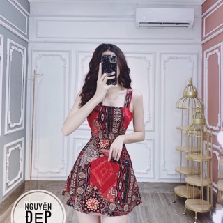 Đầm váy 2 dây chất umi hoạ tiết có cúp ngực