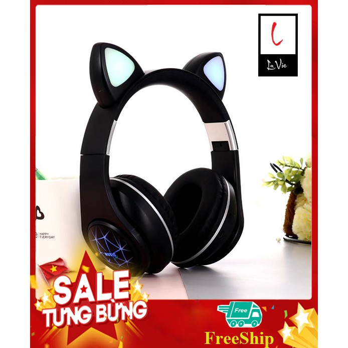 Tai Nghe Mèo Màu Đen Không Dây Có Mic, Led Siêu Nhạy, Bass Cực Ấm| Headphone Mèo Chụp Tai Bluetooth 5.0 Siêu Dễ Thương