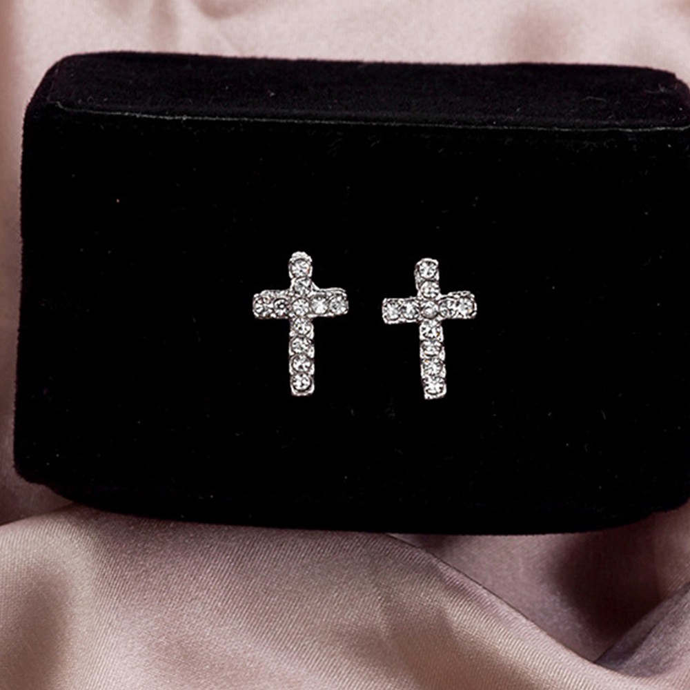 Bông Tai Chữ Thập Đính Pha Lê Màu Bạc Nhỏ Nhắn Dễ Thương Thời Trang Cho Nữ