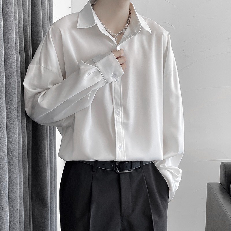 Áo sơ mi nam dài tay Unisex Gman cổ bẻ, Áo sơ mi trắng vải lụa nến không nhăn không xù (SML)