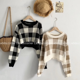 Áo len croptop kẻ caro
