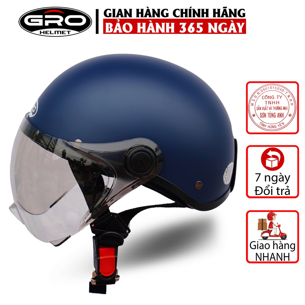 Mũ Bảo Hiểm Nửa Đầu GRO Helmet có kính che nửa mặt, kiểu dáng thời trang, khóa kim loại chắc chắn - Xanh Than Nhám