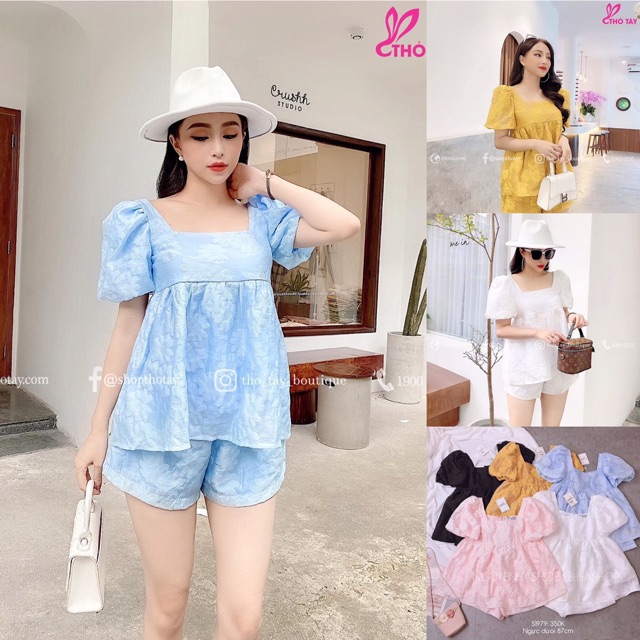 Sét bộ áo baby doll kèm quần short voan tơ hoa nổi