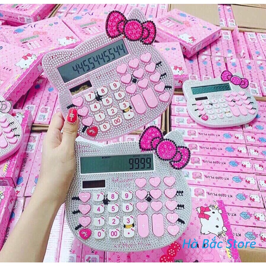 Máy Tính Cầm Tay Hello Kitty ĐÍNH ĐÁ CỰC ĐẸP Dùng Pin Hoặc Năng Lượng Mặt Trời