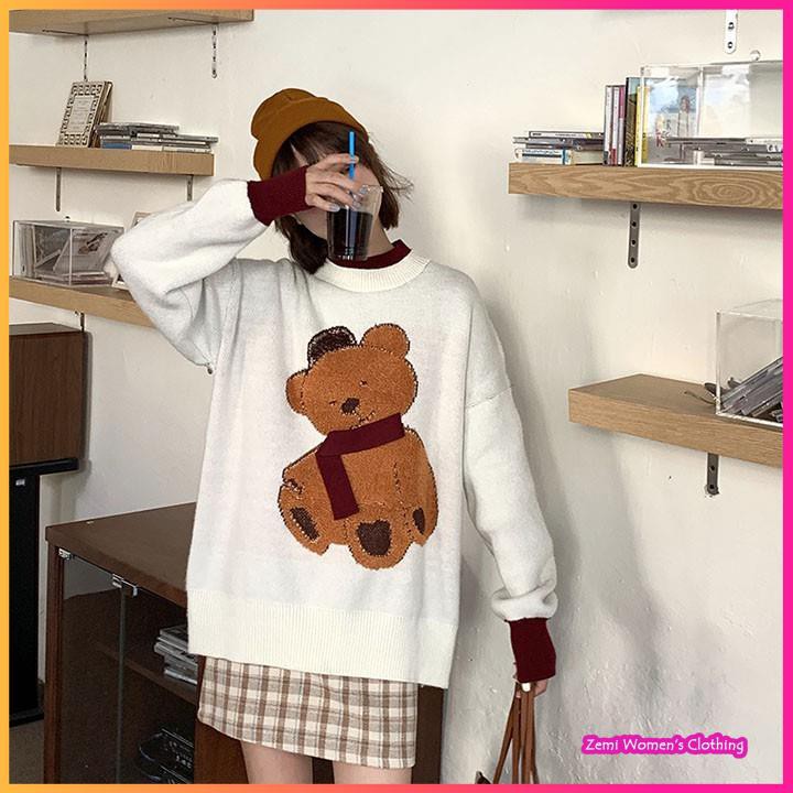 Áo Len Nữ, Áo Len Họa Tiết Gấu Cổ Tròn Form Rộng Dễ Thương Ulzzang | BigBuy360 - bigbuy360.vn