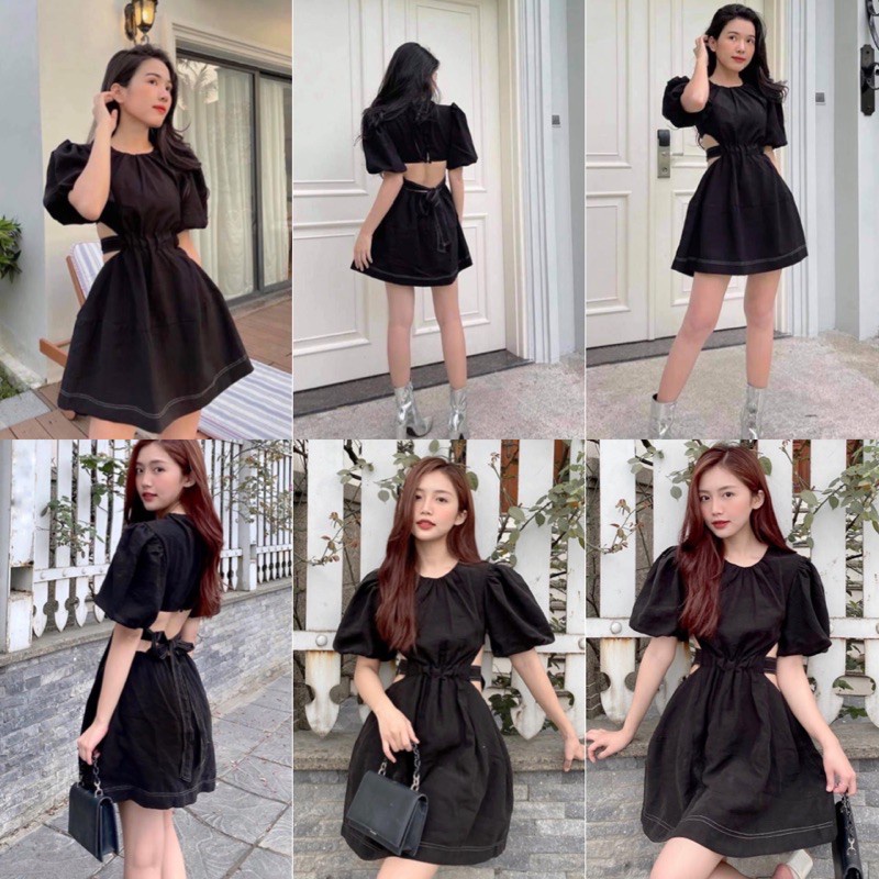 ĐẦM ĐEN ANNA DRESS thiết kế cut-out hở lưng sexy phần eo bo chun co giãn sau lưng thắt nơ có lót trong chất kaki chéo -