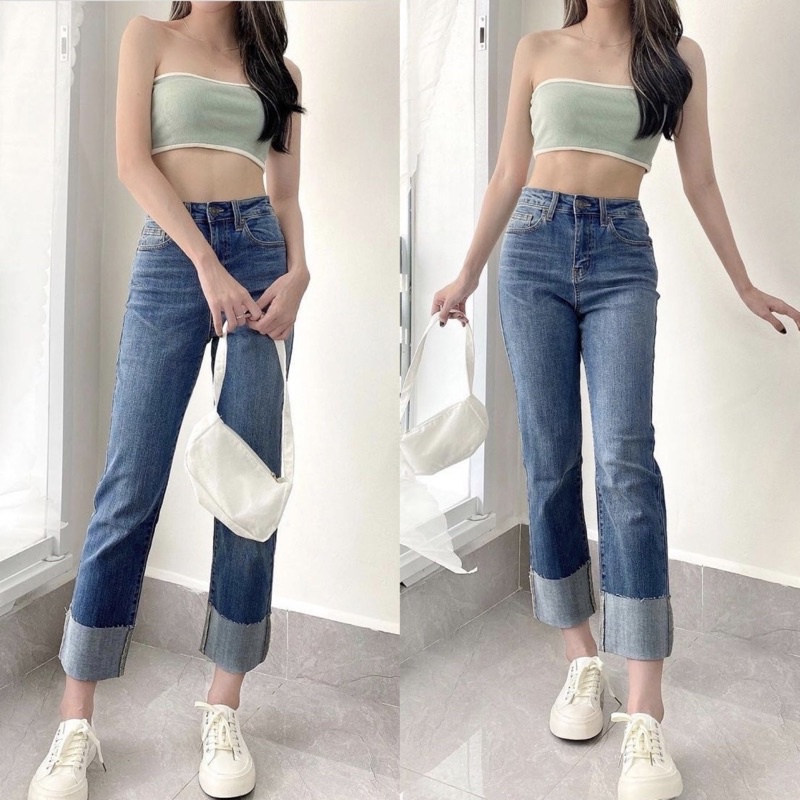 Quần jean dáng ôm gập gấu Fanegu co giãn mã 2371