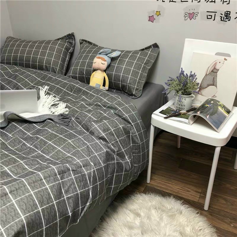 Bộ chăn ga gối Poly Cotton HQ kẻ dạ cho người đơn giản (Tặng vỏ gối ôm) - Miễn phí bo chun