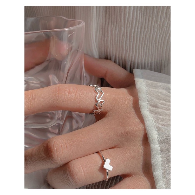 Set 2 nhẫn thiết kế họa tiết trái tim phong cách Hàn Quốc sang trọng cho nữ có thể điều chỉnh kích cỡ Basic Jewelry