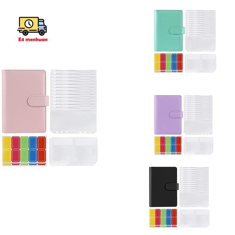 Bìa sổ còng 6 lỗ bằng da PU màu hồng + 12 túi phong bì khóa zip khổ A6 + 2 túi giấy và nhãn dán tiện dụng
