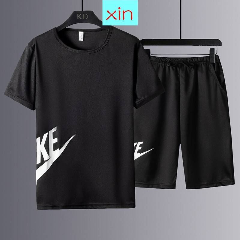 Bộ đồ gồm áo thun và quần đùi vải lụa lạnh siêu mỏng dáng rộng mau khô làm mát thời trang mùa hè cho bạn nam mặc đi biển