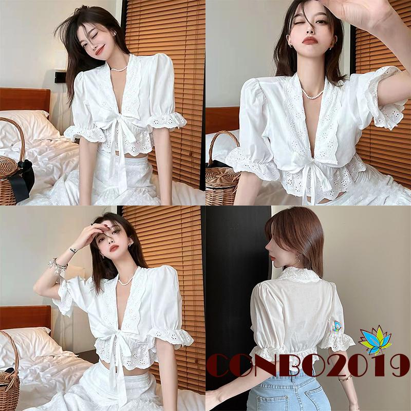 Áo Croptop Tay Phồng Cổ Chữ V Màu Trơn Thời Trang Mùa Hè Cho Nữ