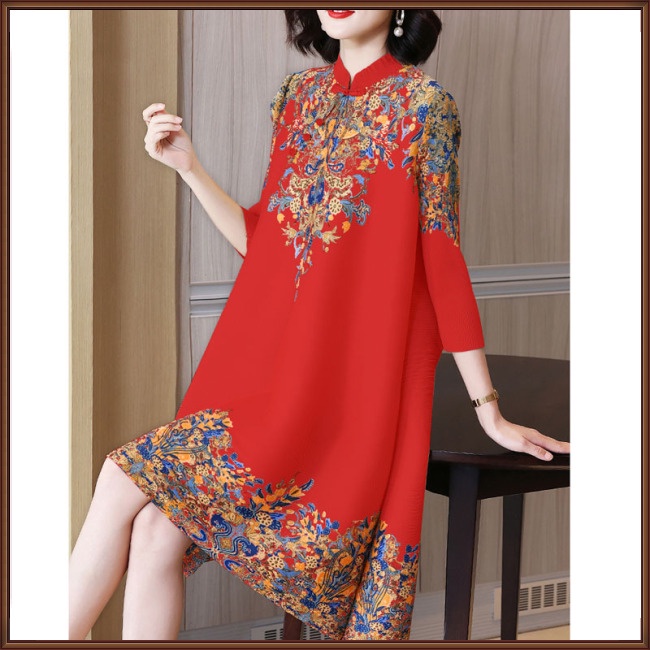 Đầm Sườn Xám Cách Tân Dáng Rộng Cổ Đứng Cài Khóa In Họa Tiết Phong Cách Trung Hoa Cổ Điển Dành Cho Nữ
