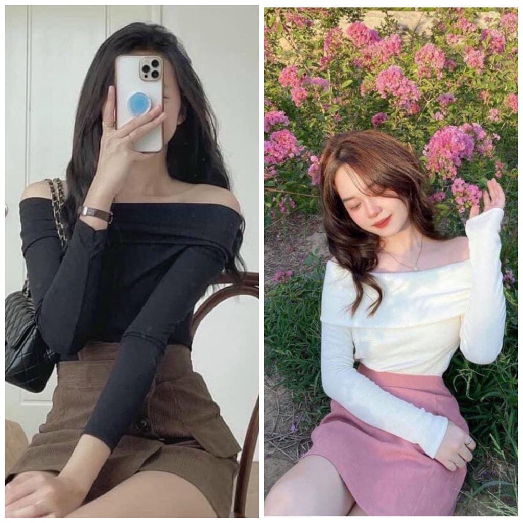 Áo trễ vai tay dài dáng body ôm chất thun co dãn sang chảnh