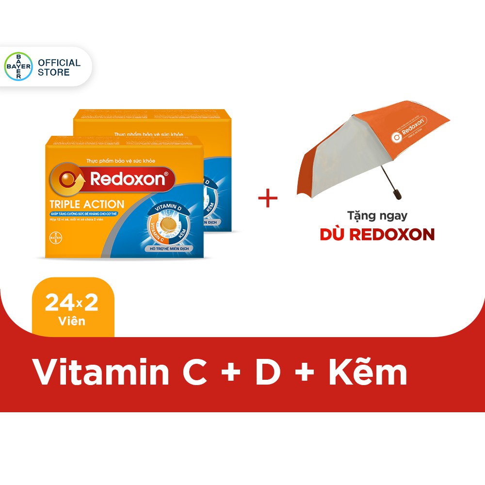 Combo 2 hộp Viên sủi bổ sung Vitamin C, D, và Kẽm Redoxon Triple Action hộp 24 viên - Tặng 1 dù Redoxon