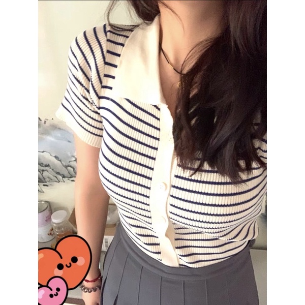 Áo thun cardigan ngắn tay cổ bẻ kẻ sọc