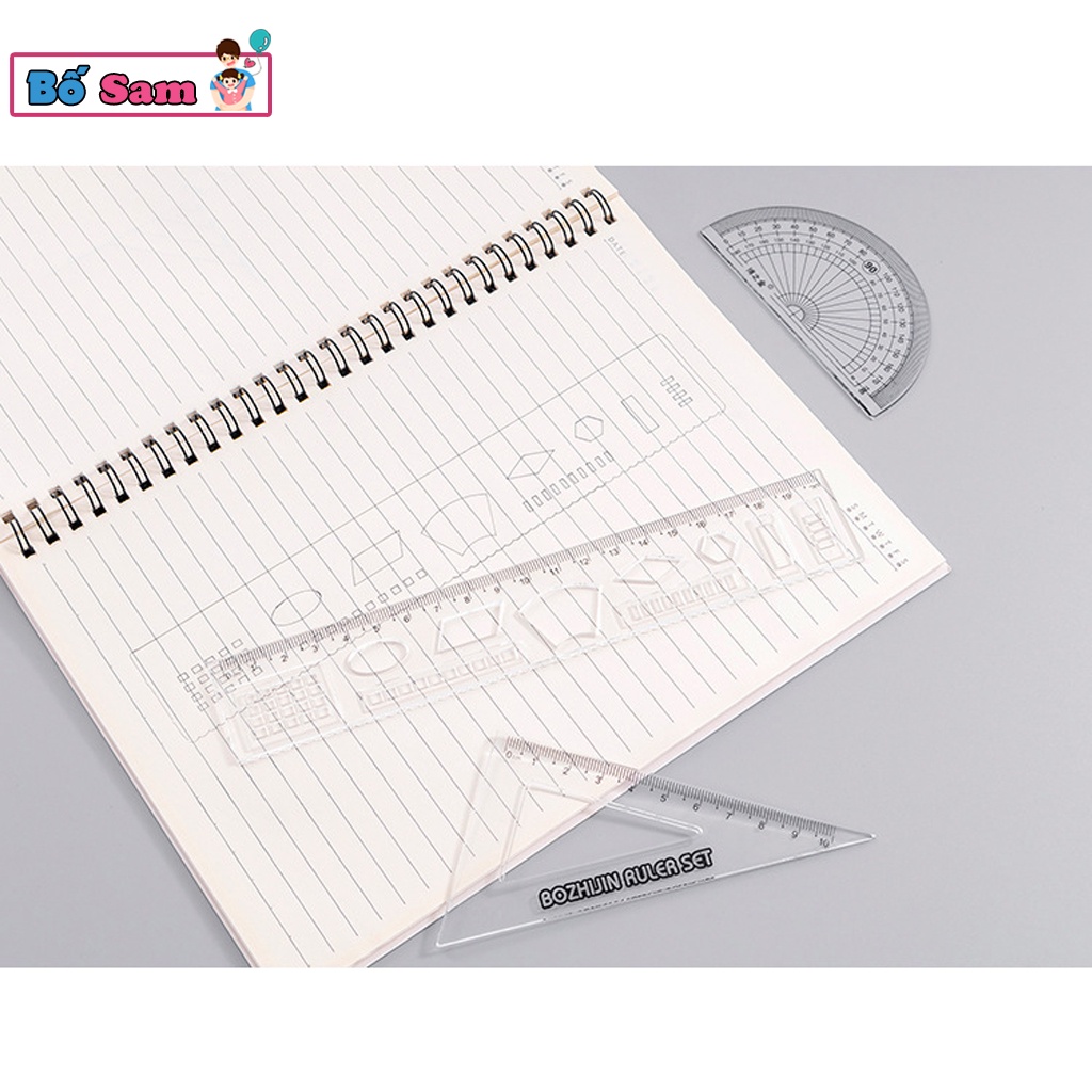 Bộ eke thước kẻ học sinh dụng cụ 4 chiếc trong suốt nhiều kích cỡ cute Shop Bố Sam