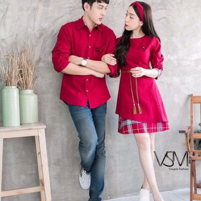 Áo đôi váy sơ mi cặp chất vải đẹp, áo váy đôi màu đỏ đô HQCouple AV157 (có ảnh thật)